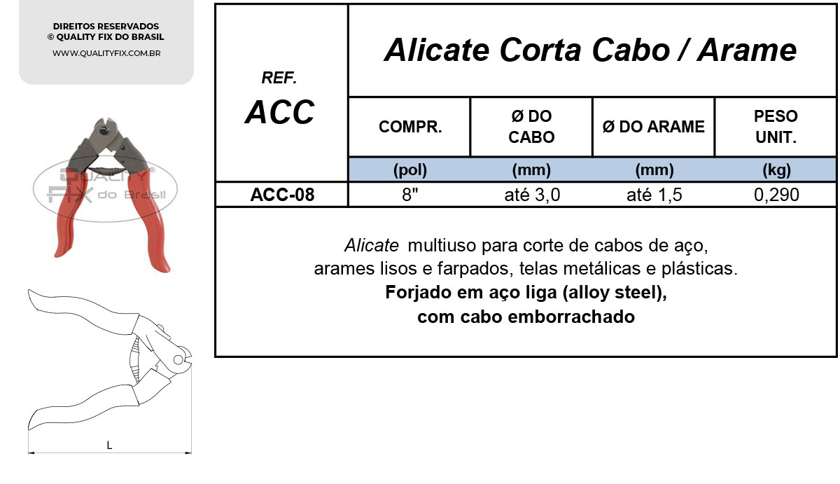 Tabela de Especificações - Alicate Corta Cabos e Arames - Quality Fix