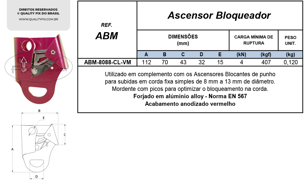 Tabela de Especificações - Ascensor Bloqueador de Mão - Quality Fix
