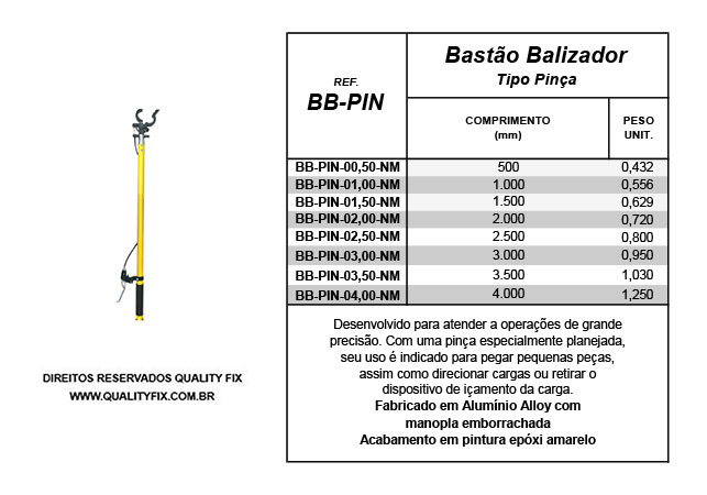 Tabela de Especificações - Bastão Balizador Pinça HD - Quality Fix