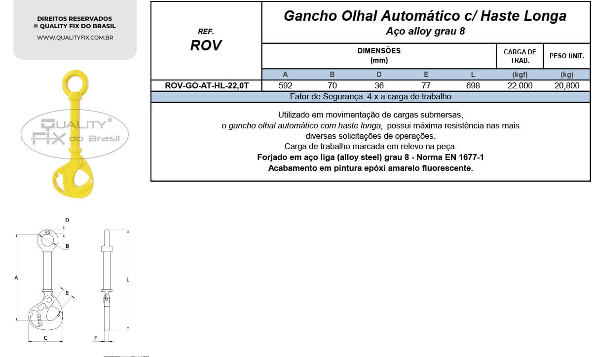 Tabela de Especificações - Gancho ROV com Trava Automática - Quality Fix