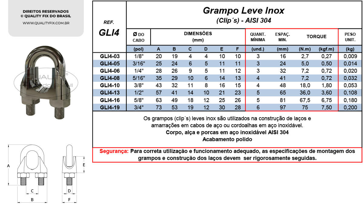 Tabela de Especificações - Grampo Leve Fundido em Aço Inox - Quality Fix