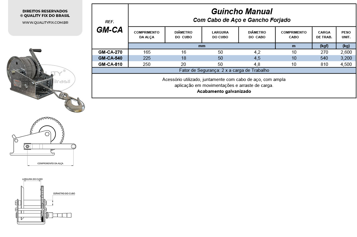 Tabela de Especificações - Guincho Manual com Cabo de Aço - Quality Fix