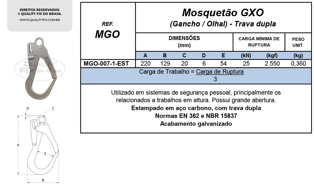 Tabela de Especificações - Mosquetão Gancho x Olhal Trava Dupla MGO-007-EST - Quality Fix
