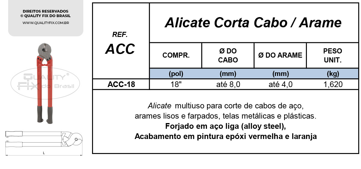 Tabela de Especificações - Alicate Longo Cabos e Arames - Quality Fix